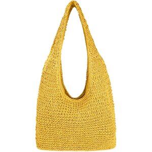 Women's Yellow Large Straw Beach Bag Handmade Woven Shoulder Hobo Tote Handbag